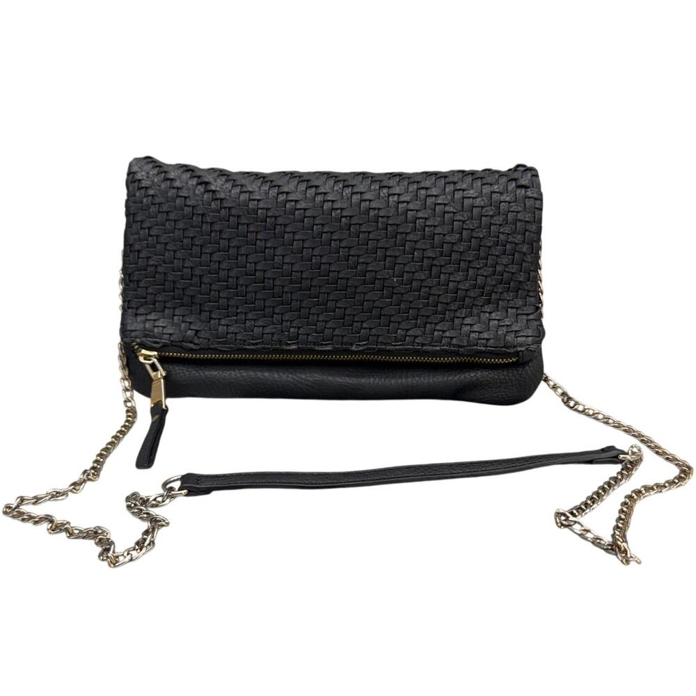 Madison West Black Woven Leather Clutch Chain Crossbody Purse
